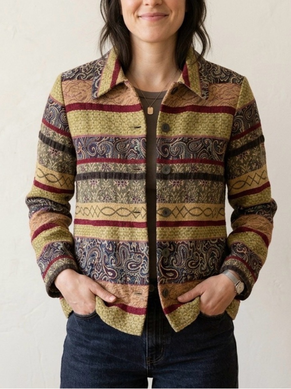 Gold Tapestry Jacket Jewel Tone Paisley Striped Size 8 Buttons Vintage Boho